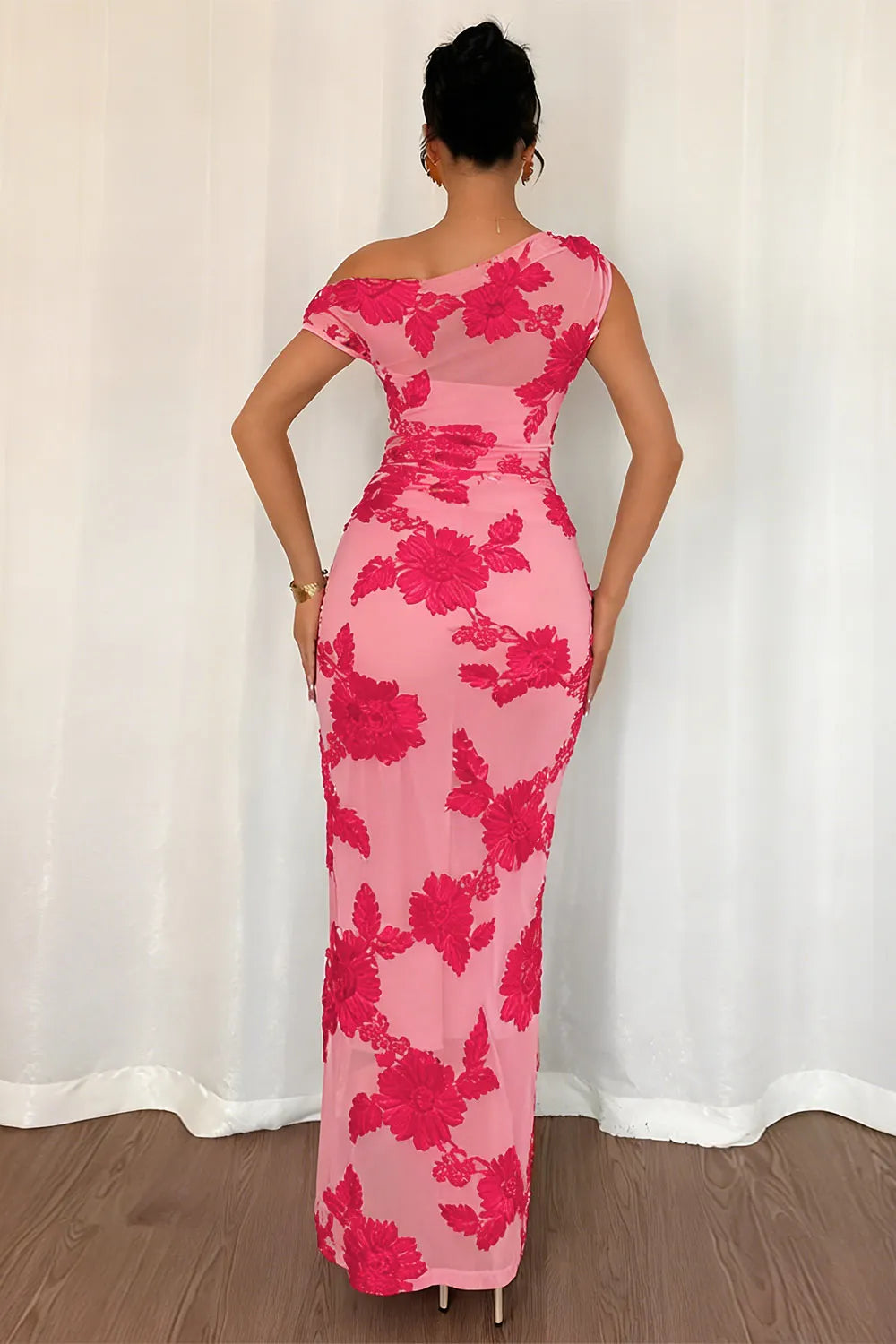 One Shoulder Floral Pattern Mesh Patchwork Slim Fit Gowns Maxi Dresses-Blue
