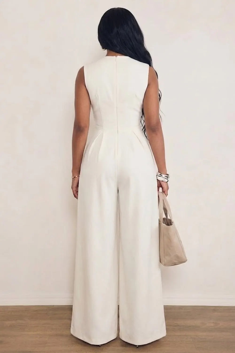 Crew Neck Zipper Cinch Waist Solid Color Casual Wide Leg Jumpsuit-White