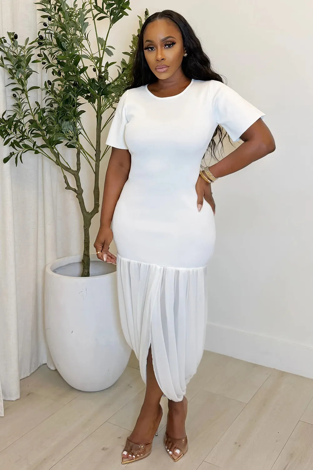 Round Neck Short Sleeve Irregular Hem Casual Midi Dresses-White