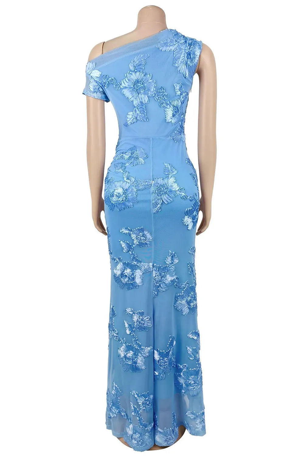 One Shoulder Floral Pattern Mesh Patchwork Slim Fit Gowns Maxi Dresses-Blue