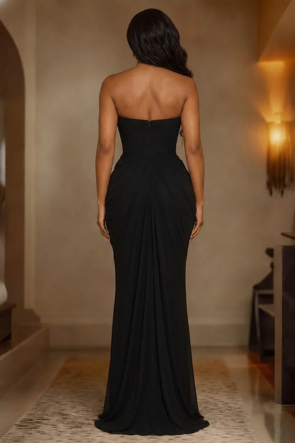 Strapless Rhinestone Decor Ruched Cinch Waist Maxi Dresses-Black