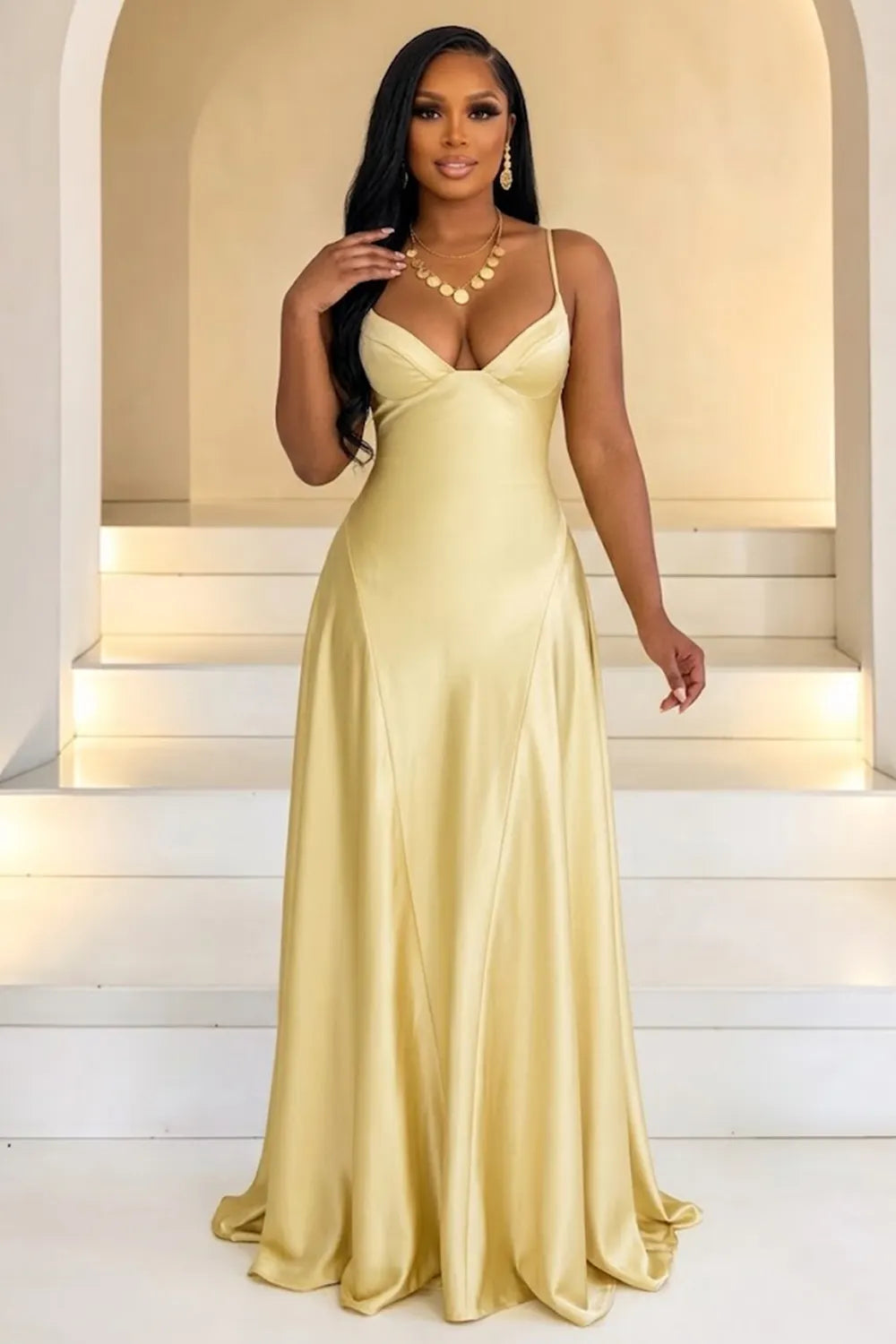 Spaghetti Strap Sweetheart Neck Cinch Waist Lace-Up Satin Maxi Dresses-Yellow