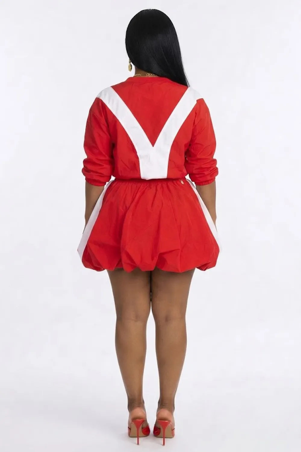 Contrast  Collar Zipper Top Drawstring Puff Mini Skirt 2pcs Set-Red