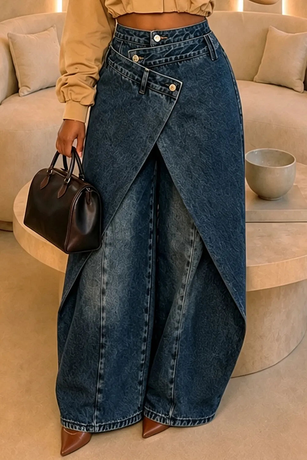 Solid Color Asymmetrical Button Overlap Wide Leg Casual Pants-Brown