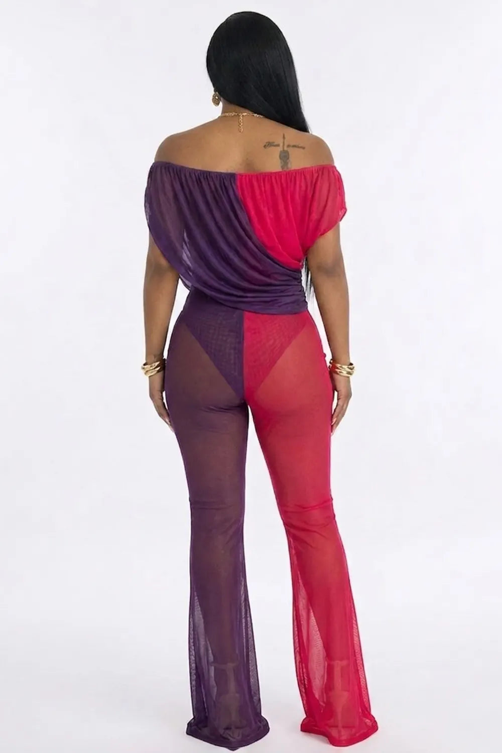 Off Shoulder Colorblock See Through Mash Draped Slim Jumpsuit-Purple