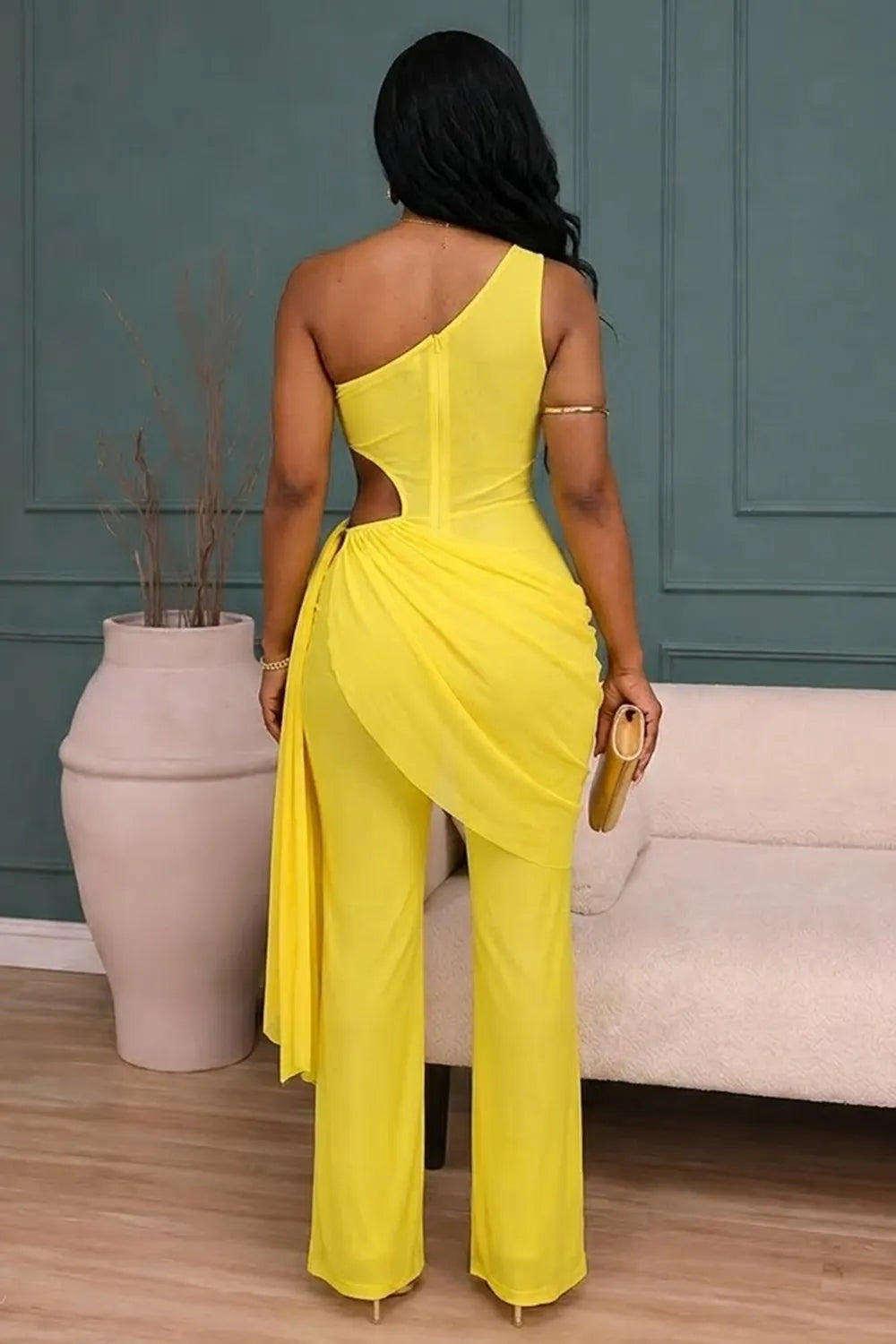 Oblique Collar Waist Cut Out Draped Sleeveless Casual Jumpsuit-Yellow