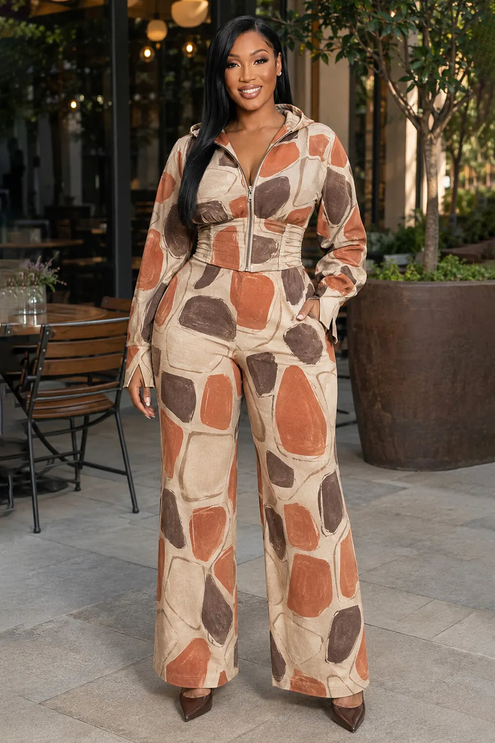 Geometric Print Hoodie Wide Leg Pants Casual 2pcs Set-Multicolor