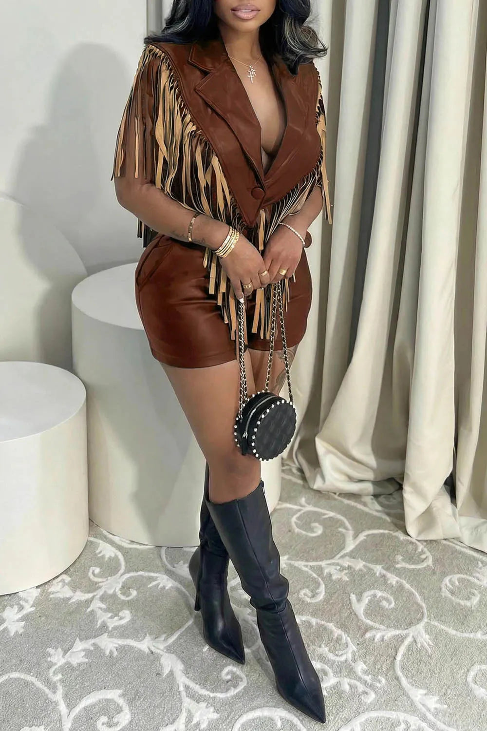 Notched Lapel Fringe Patchwork Vest Shorts Leather Party 2pcs Set-Black