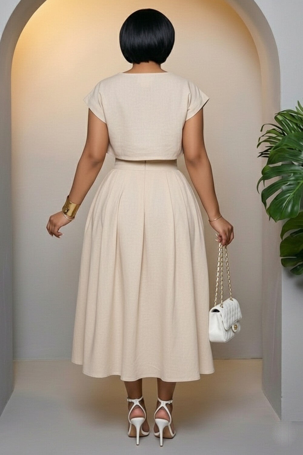 Floral Round Neck Short Sleeve Top Maxi Skirt 2pcs Set-Beige