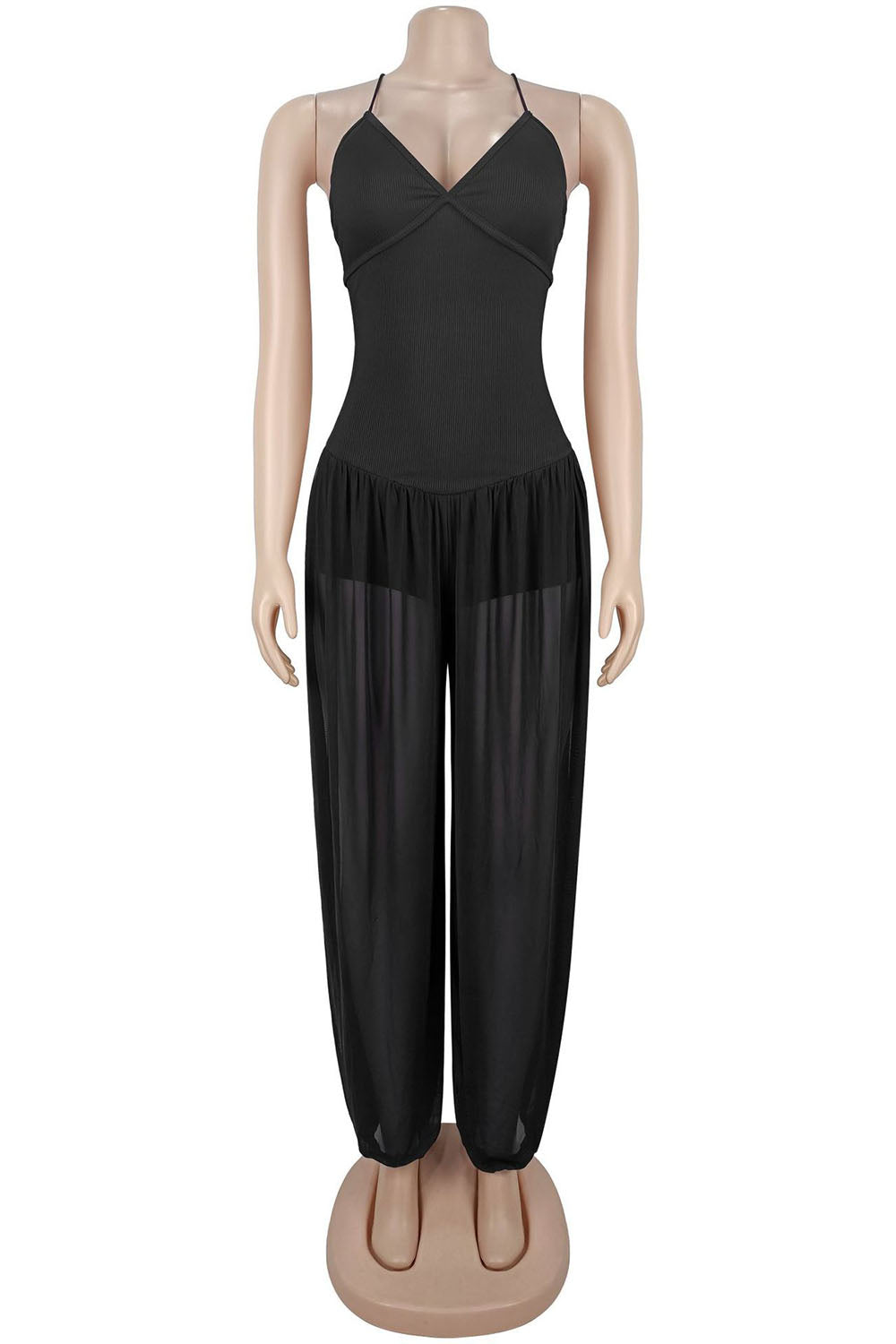 Cami V Neck See Through Mesh Backless Lace-Up Solid Wide Leg Jumpsuit-Black