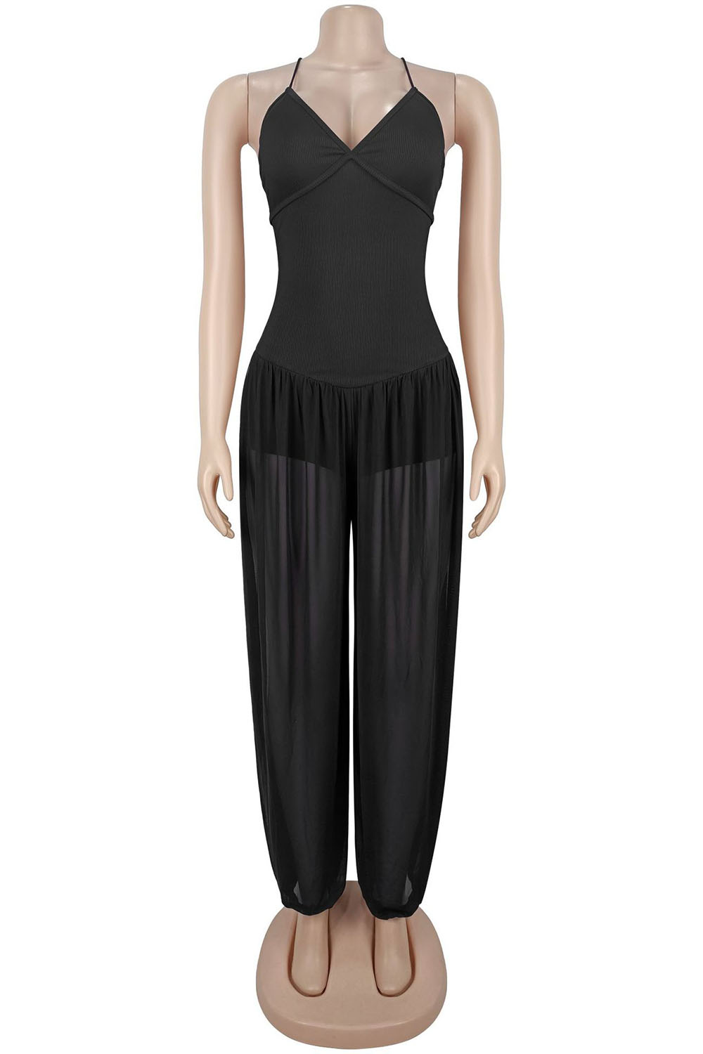 Cami V Neck See Through Mesh Backless Lace-Up Solid Wide Leg Jumpsuit-Black