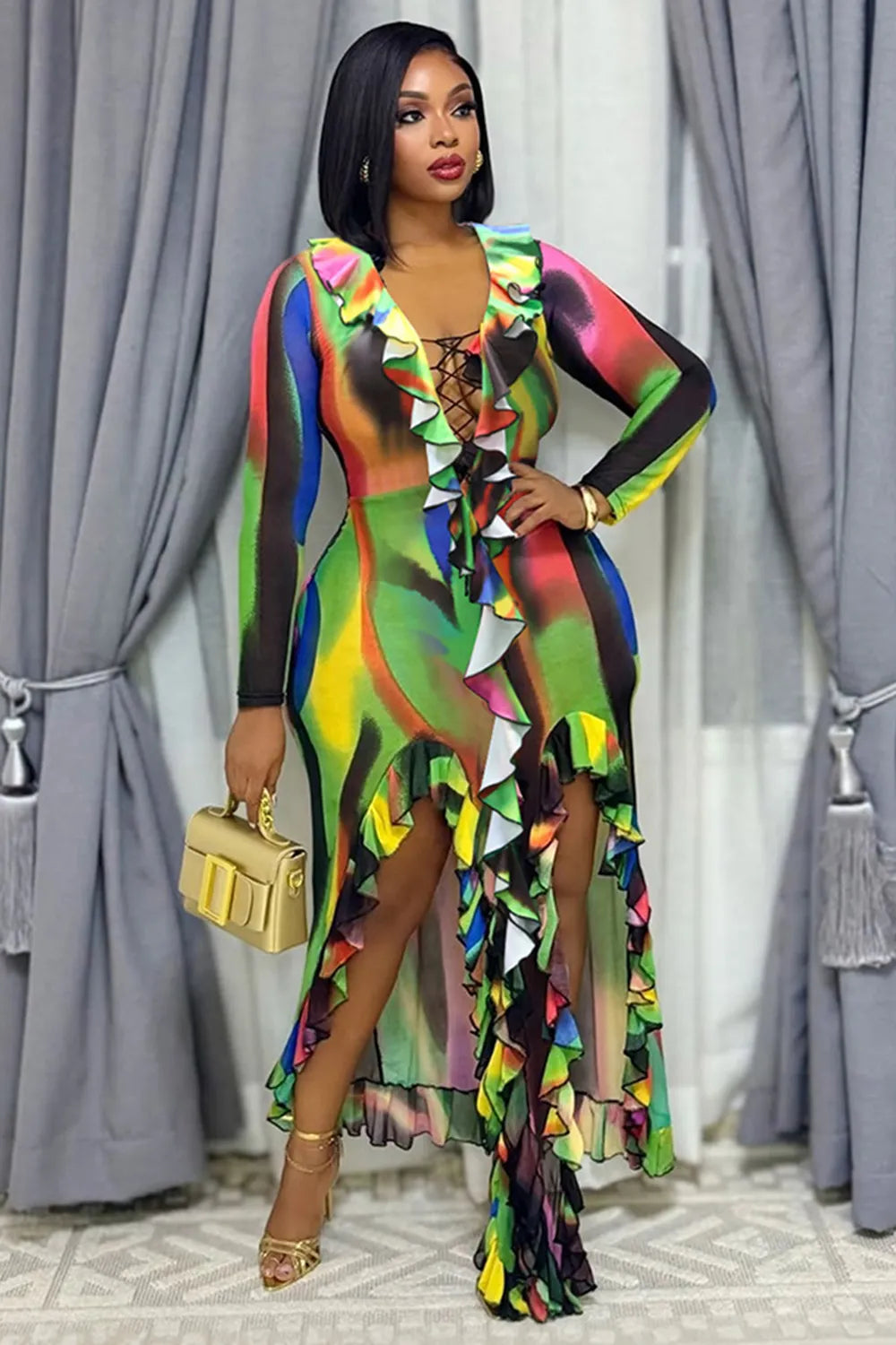V Neck Ruffled Irregular Hem Slit Colorblock Vacation Maxi Dresses