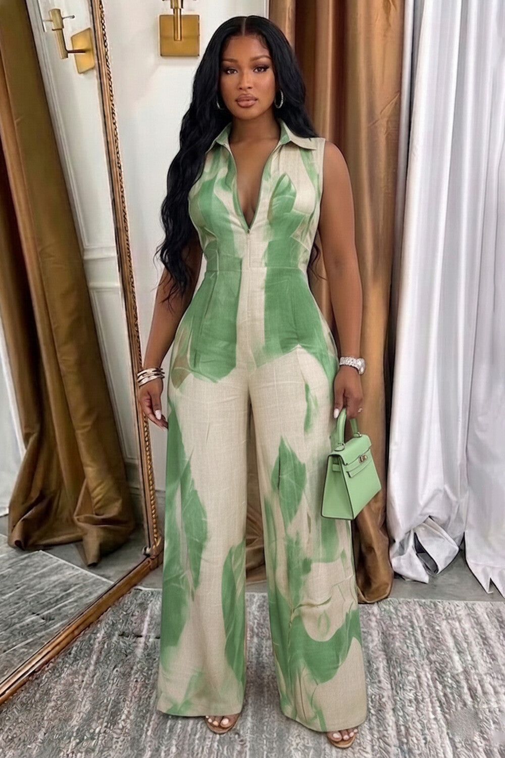 Sleeveless Abstract Print Wide Leg Linen Casual Jumpsuit-Green