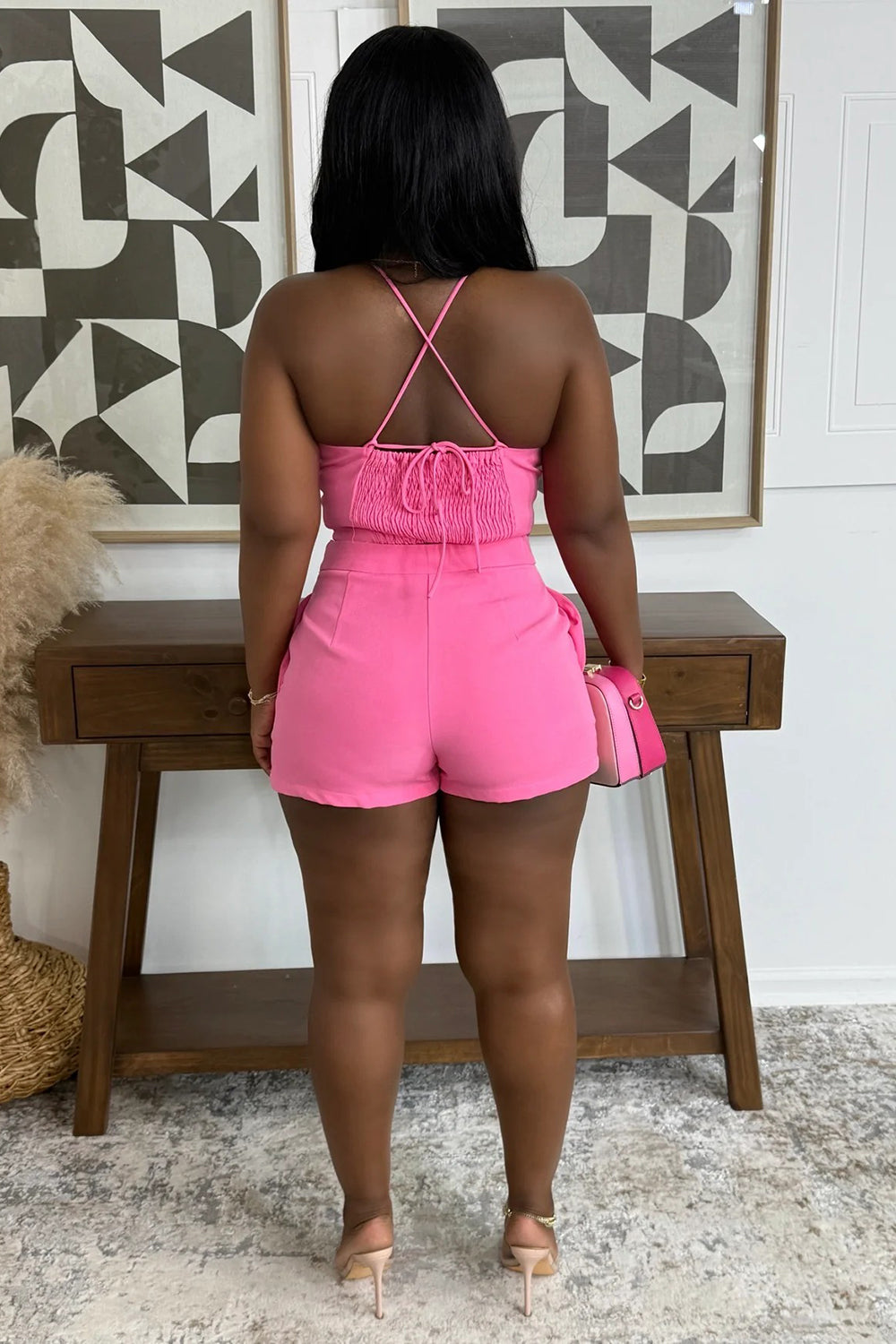 Halter Neck 3D Floral Crop Top Tight Shorts Casual 2pcs Set-Pink