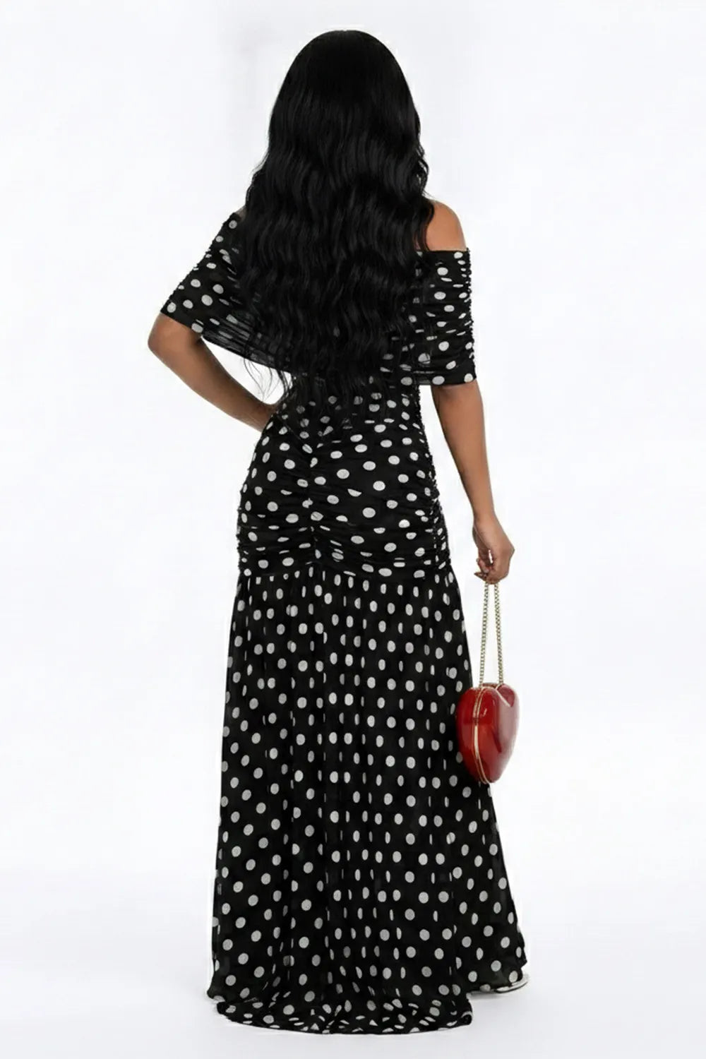 Polka Dot Print Off Shoulder High Slit Evening Gowns Maxi Dresses-Black