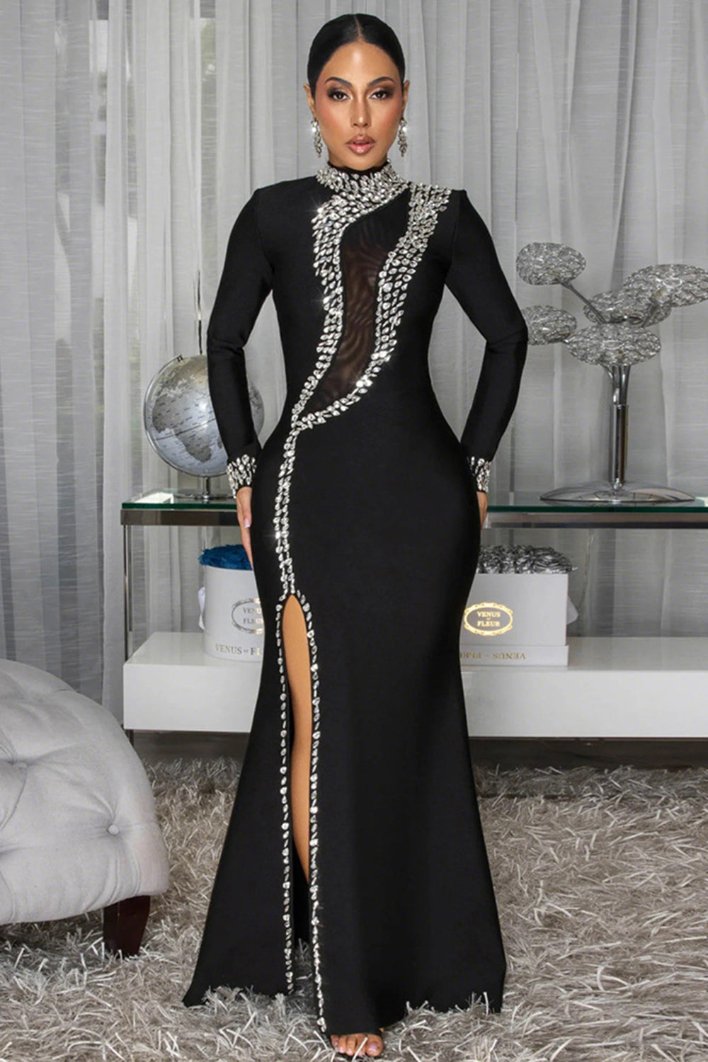 Mock Neck Long Sleeve Crystal Mesh Patchwork Slit Gowns Maxi Dresses-Black