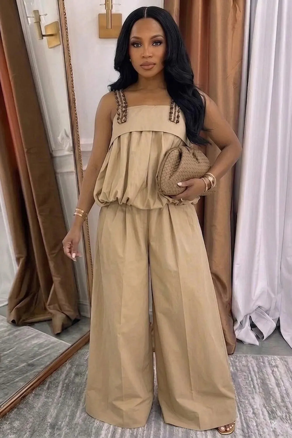 Frilled Trim Strap Top Wide Leg Pants Loose Fit 2pcs Set-Khaki
