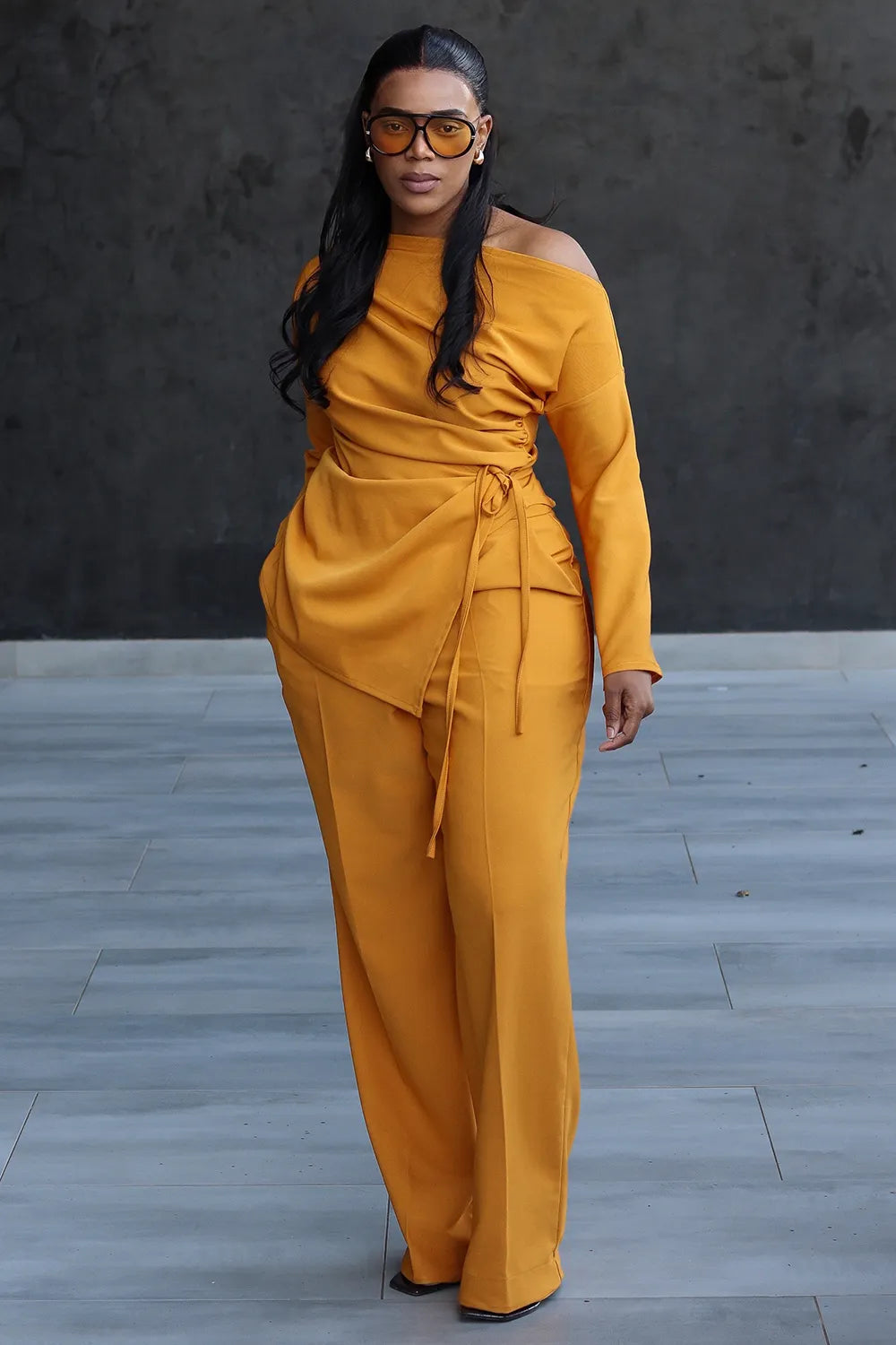 Off Shoulder Drawstring Top Straight Leg Pants 2pcs Set-Yellow