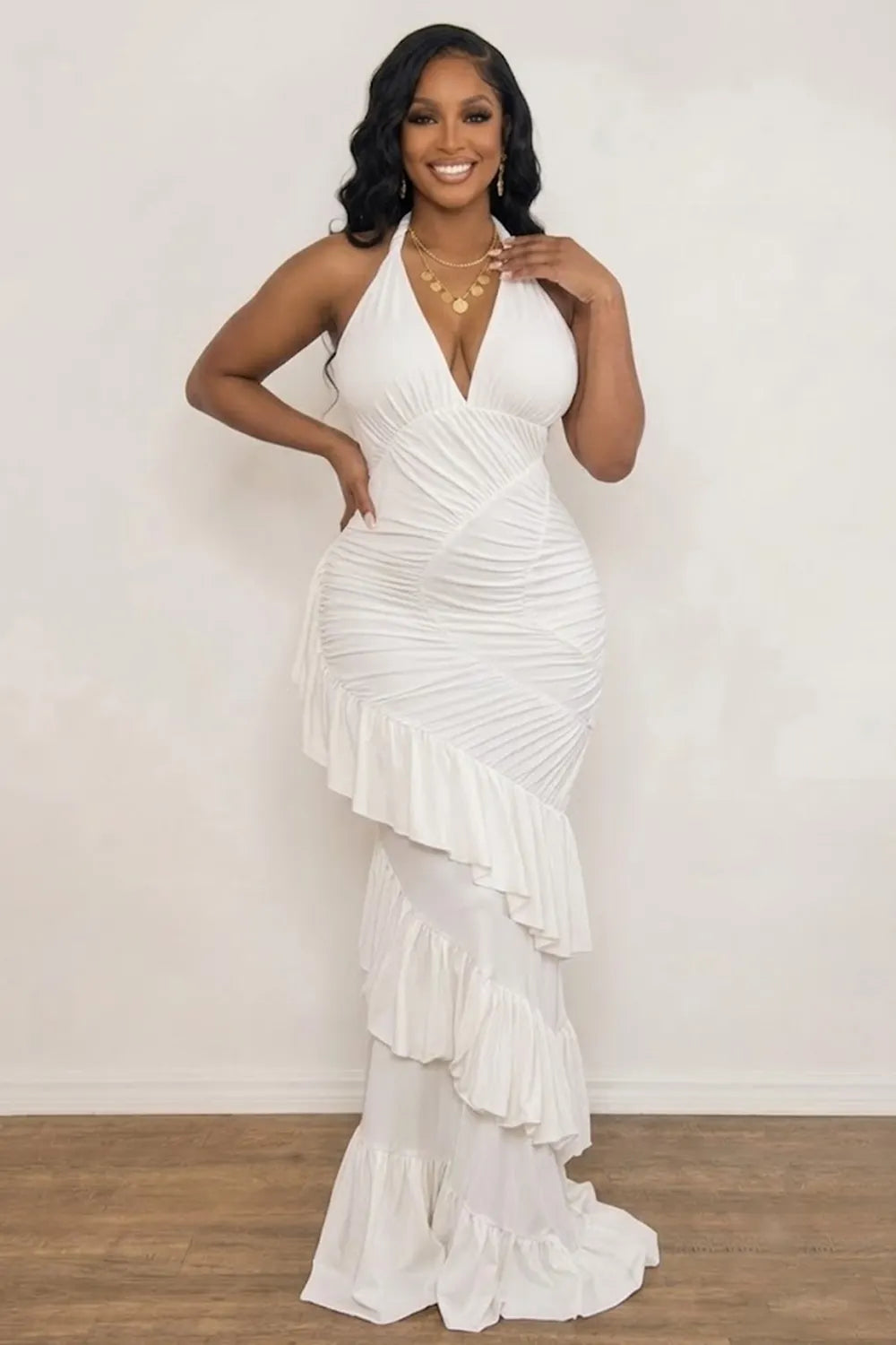 Halter Neck Flounced Tiered Bodycon Evening Gowns Maxi Dresses-White