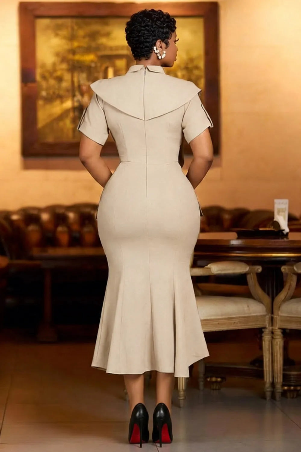 Collar Short Sleeve Bodycon Casual Maxi Dresses-Beige