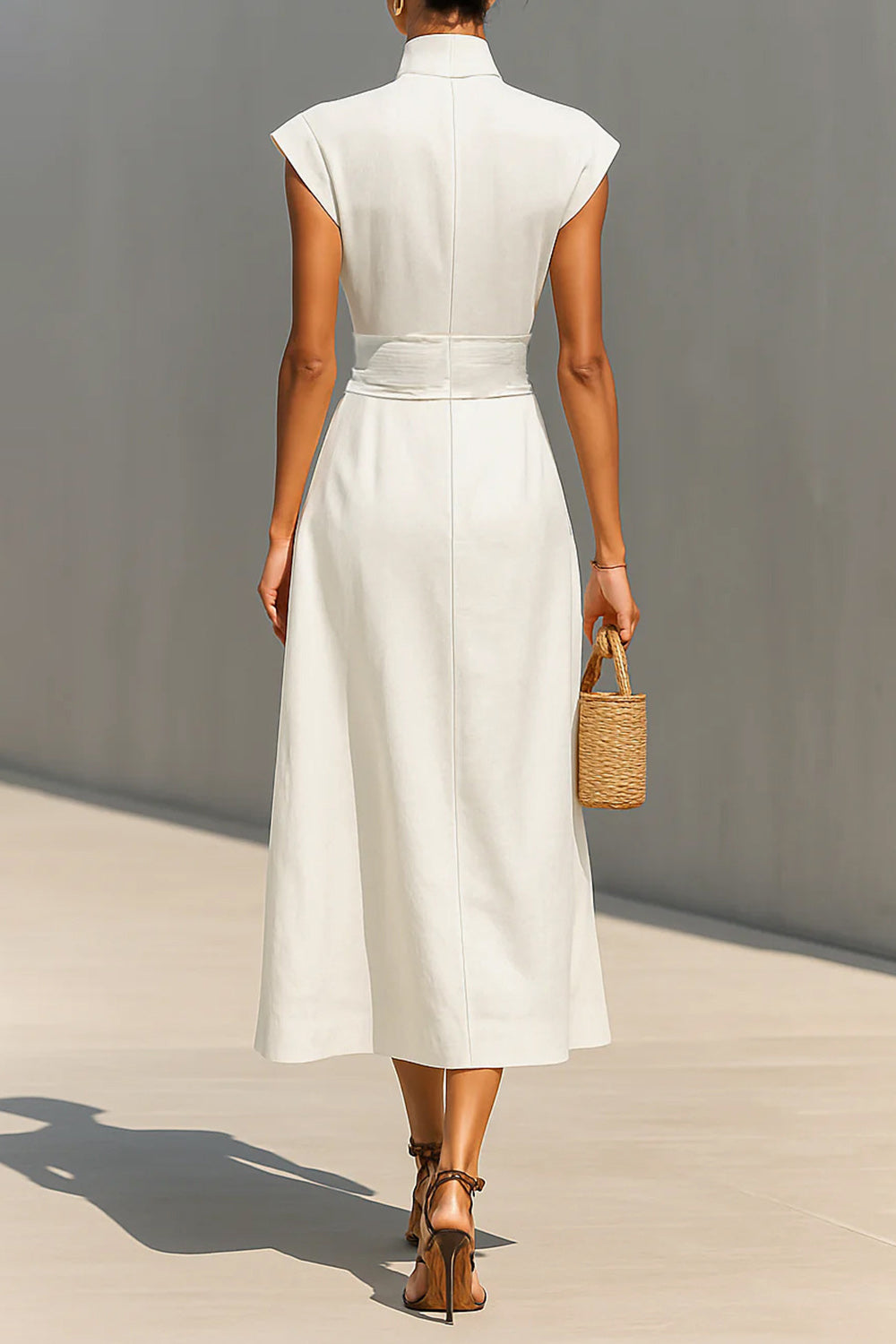 Stand-Up Collar Sleeveless Cinch High Waist Solid Color Maxi Dresses-White