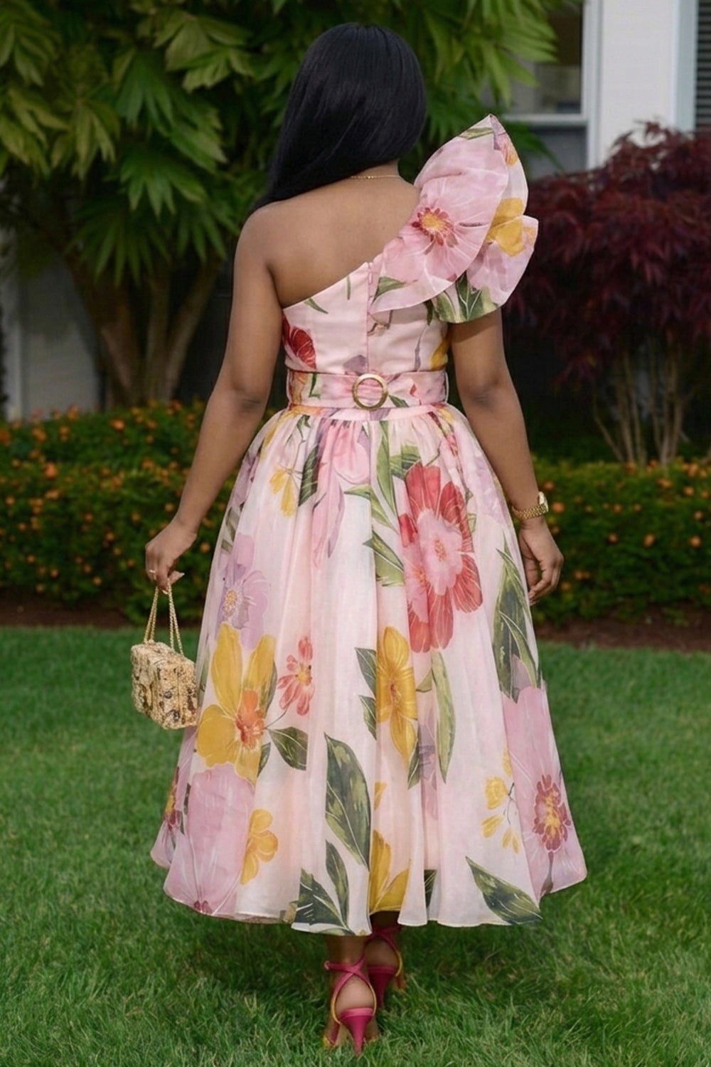 Ruffle One Shoulder Cinch Waist Floral Bouffant Maxi Dresses-Pink