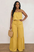 Tie-Up Strap Crop Top Drawstring Tiered Wide Leg Pants 2pcs Set-Yellow