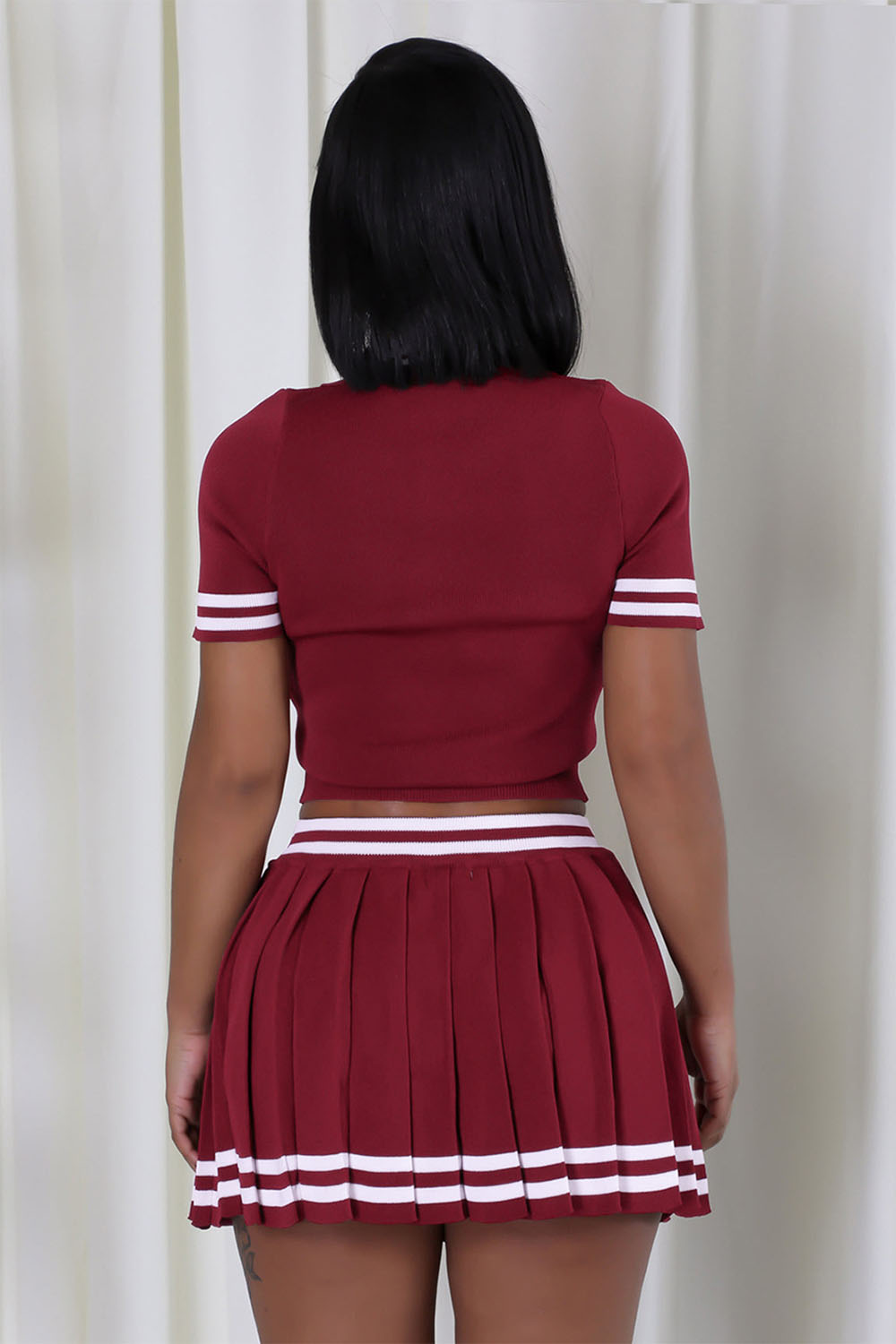 Knitted Stripe Short Sleeve Crop Polo Shirt Pleated Mini Skirt 2pcs Set-Khaki