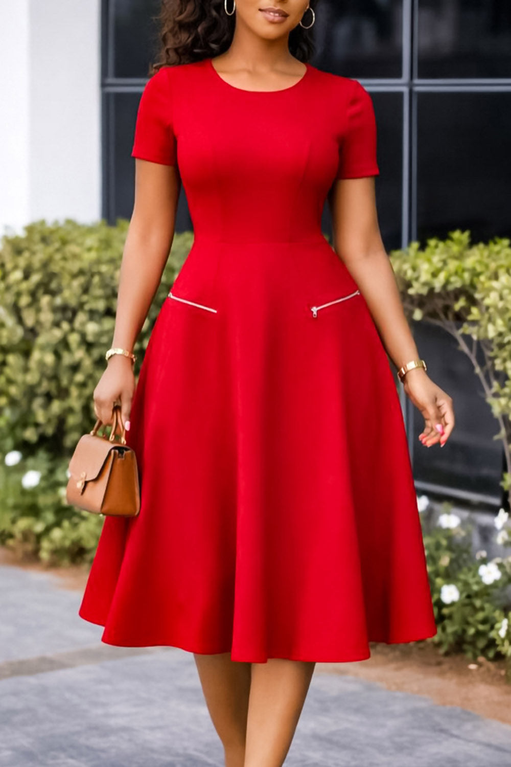 Round Neck Short Sleeve Zipper Solid Color A-Line Formal Midi Dresses-White