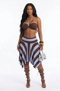 Halter Top Colorblock Stripe Irregular Hem Midi Skirt Vacation 2pcs Set-Brown