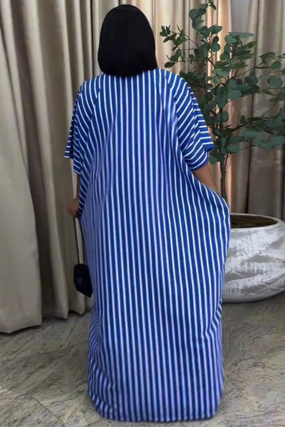 V Neck Half Sleeve Striped Graphic Print Loose Maxi Dresses-Blue