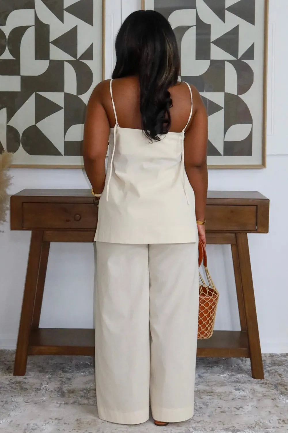 Spaghetti Strap Slit Top Wide Leg Pants Casual 2pcs Set-Beige