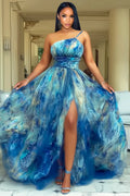 One Shoulder Wave Print Wedding Guest Party Maxi Dresses-Blue