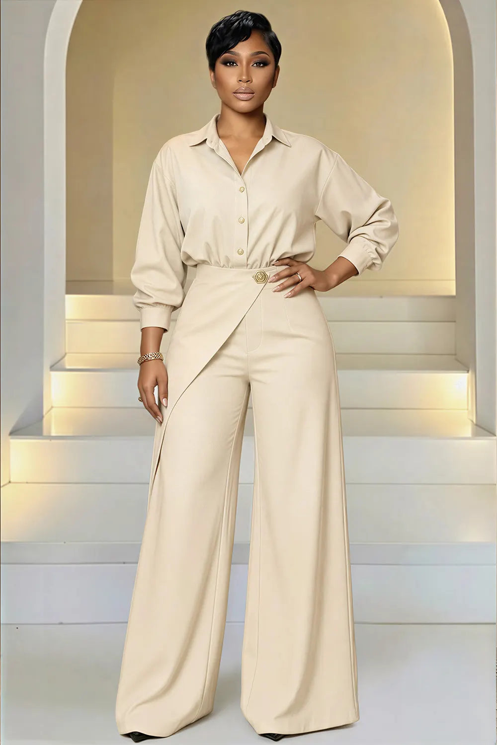 Collar Lantern Sleeve Top Wide Leg Pants 2pcs Set-Beige
