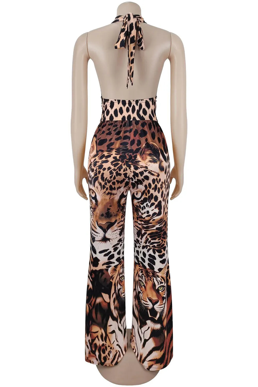Cross Halter Cut Out Backless Leopard Print Wide Leg Casual Jumpsuit-Brown