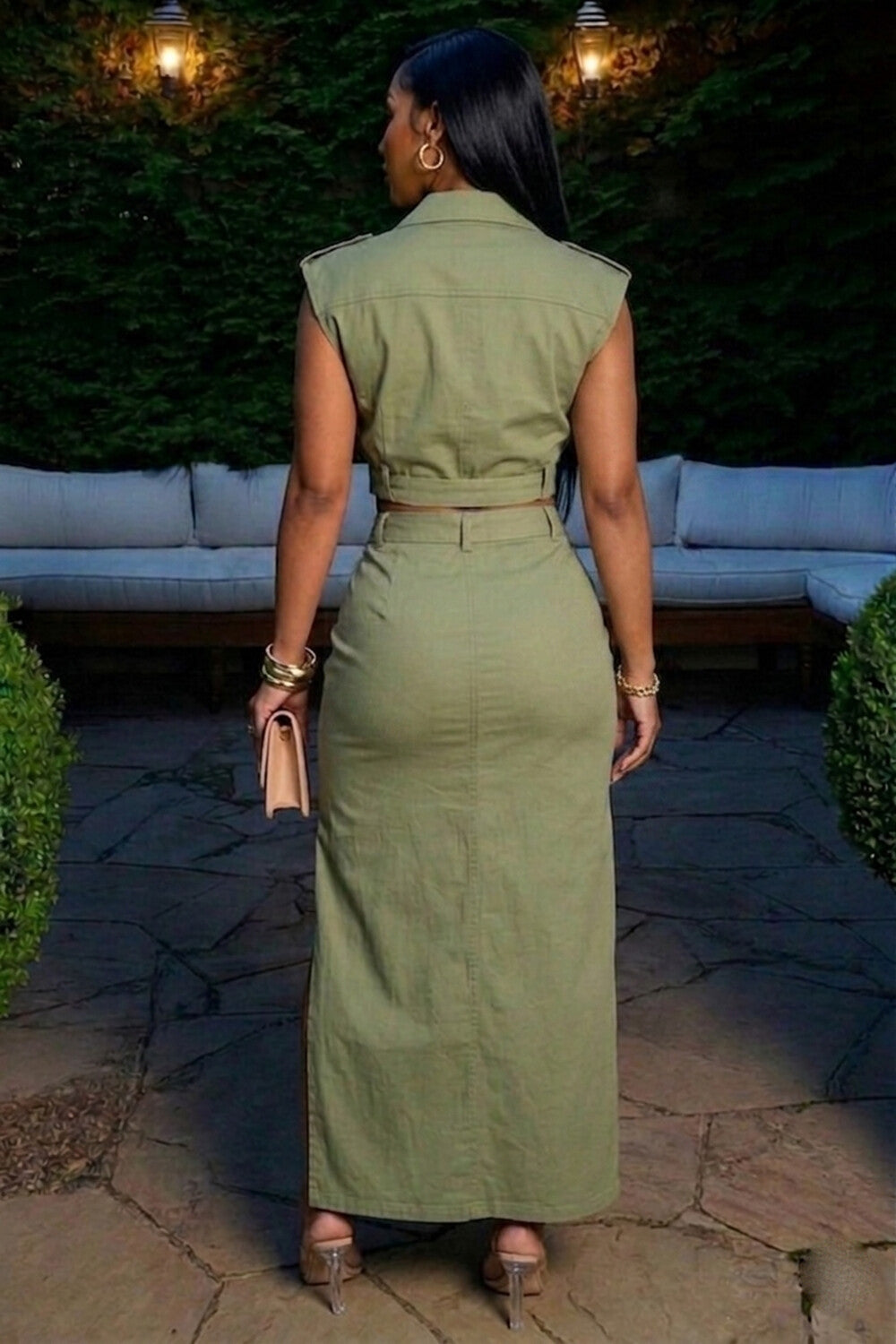 Collar Sleeveless Top Slit Maxi Skirt 2pcs Set-Green