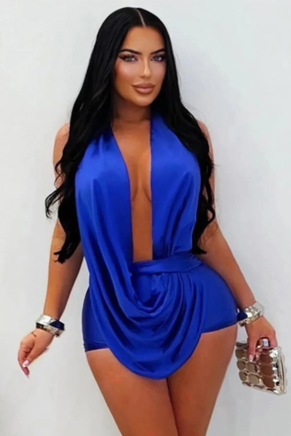 Halter Deep V Neck Backless Tie Up Solid Color Casual Romper Playsuit-Blue
