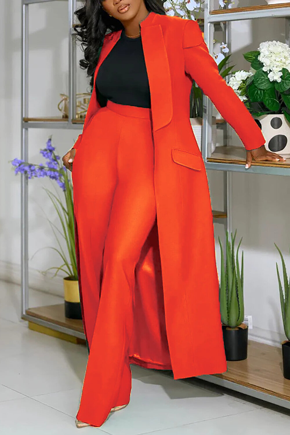 Collar Solid Color Long Blazer High Waist Pants 2pcs Set-Green
