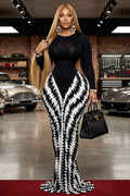 Round Neck Long Sleeve Zigzag Print Fishtail Maxi Dresses-Black