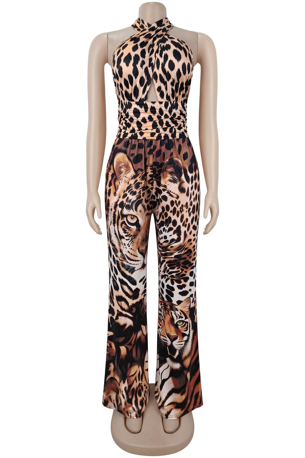 Cross Halter Cut Out Backless Leopard Print Wide Leg Casual Jumpsuit-Brown