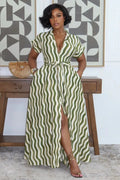 Ripple Print Notched Lapel Front Slit Casual Maxi Dresses-Green