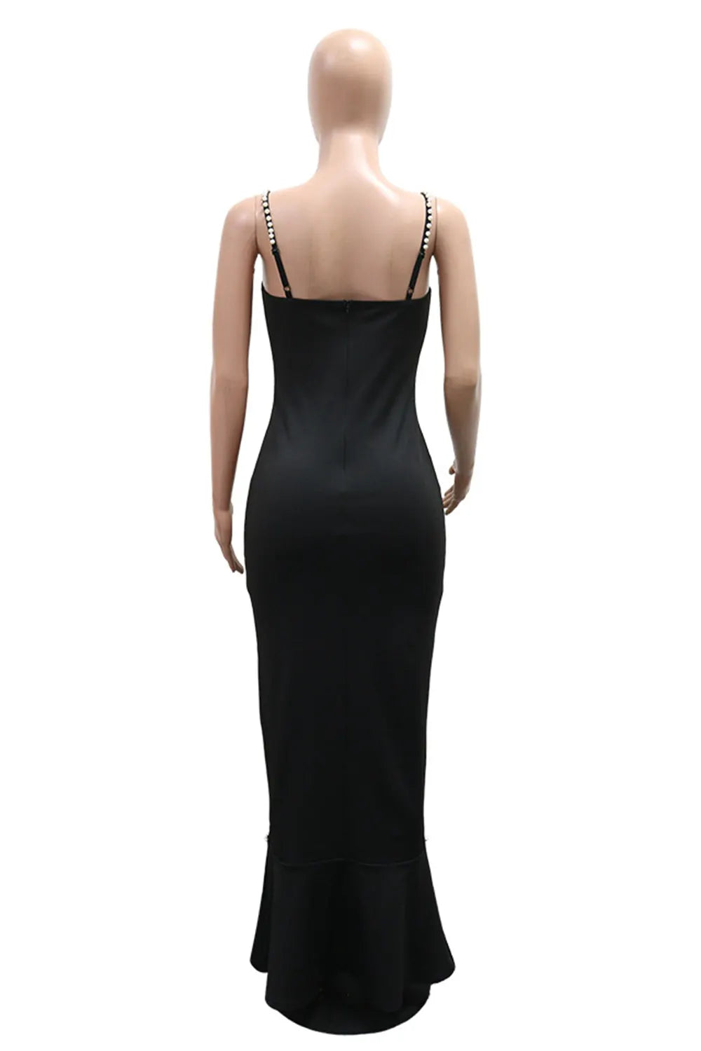Spaghetti Strap Backless Imitation Pearl Fishtail Party Maxi Dresses-Black