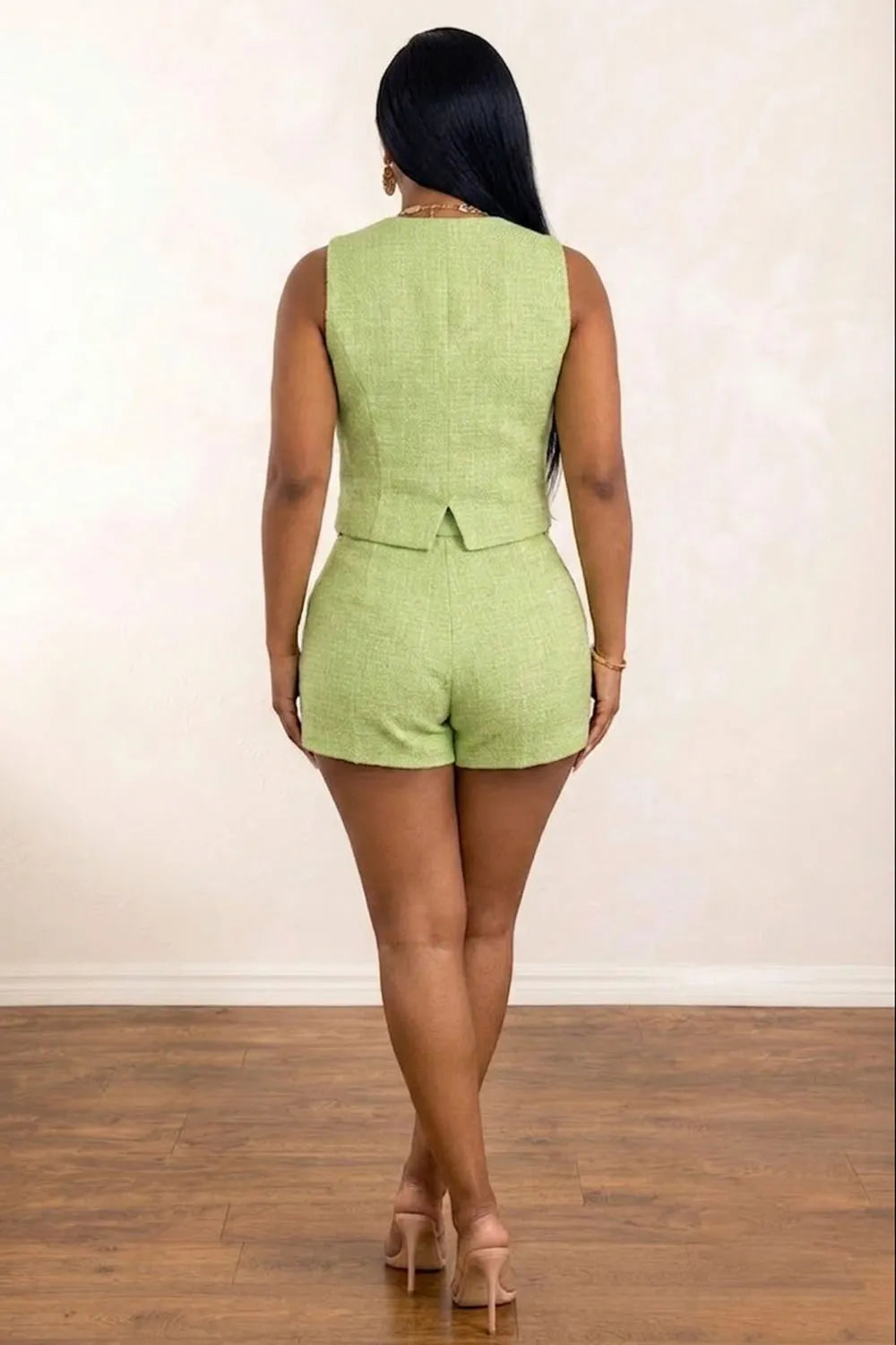 V Neck 3D Floral Single Breasted Vest Waist Chain Shorts 2pcs Set-Green