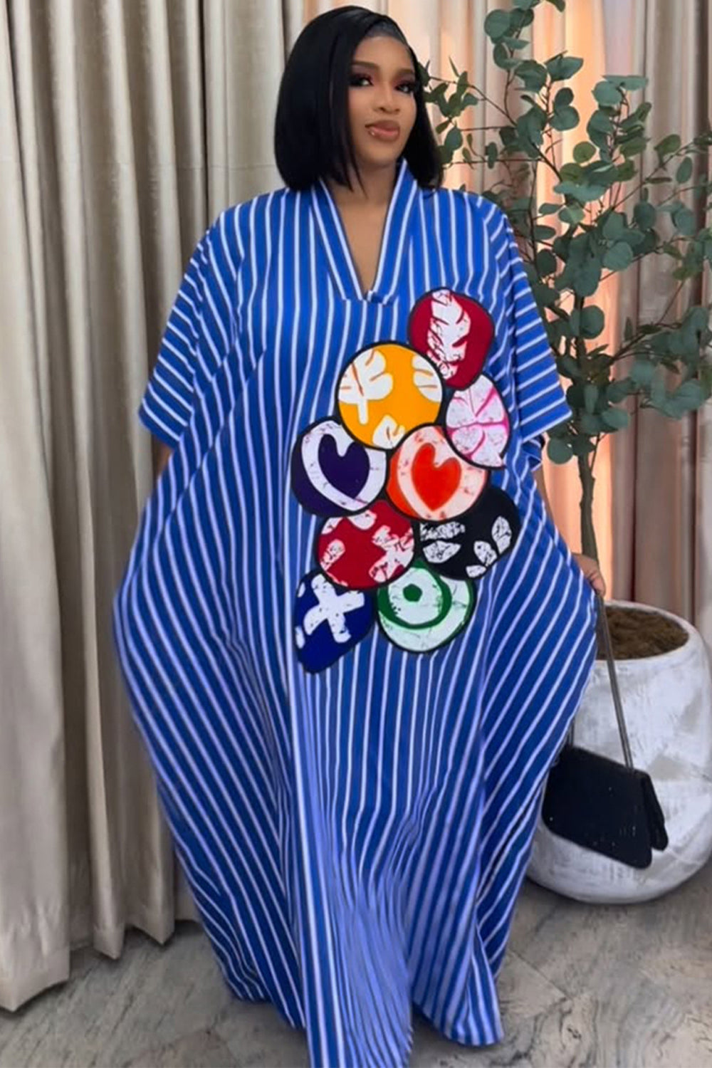 V Neck Half Sleeve Striped Graphic Print Loose Maxi Dresses-Blue
