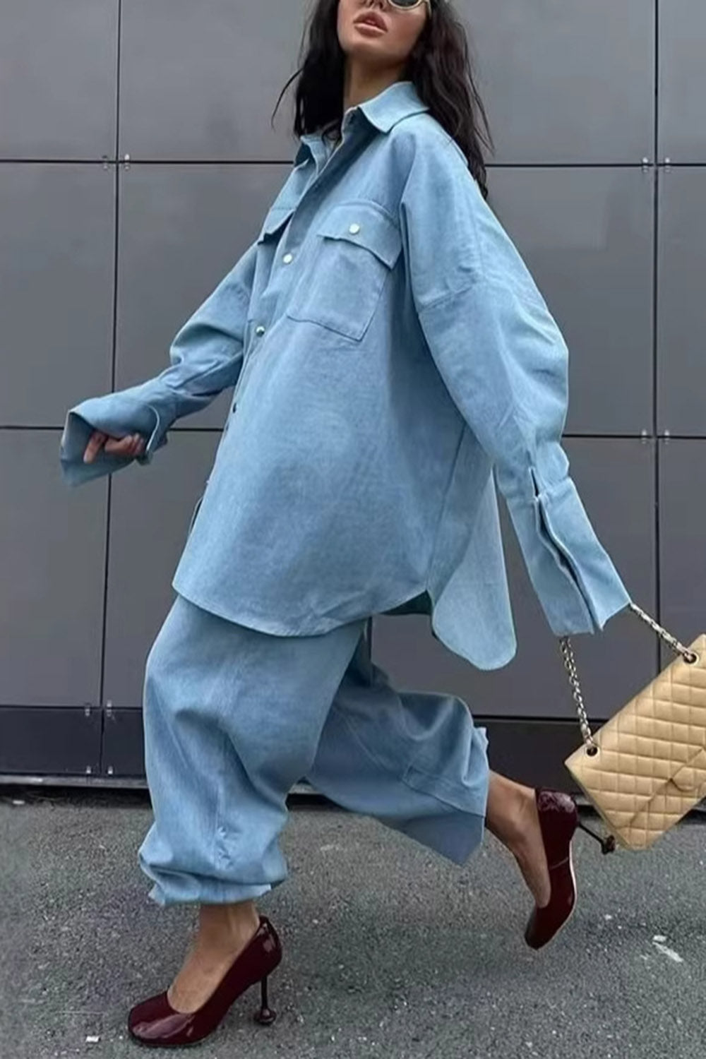 Denim  Collar Balloon Sleeve Long Top Pants Casual 2pcs Set-Blue