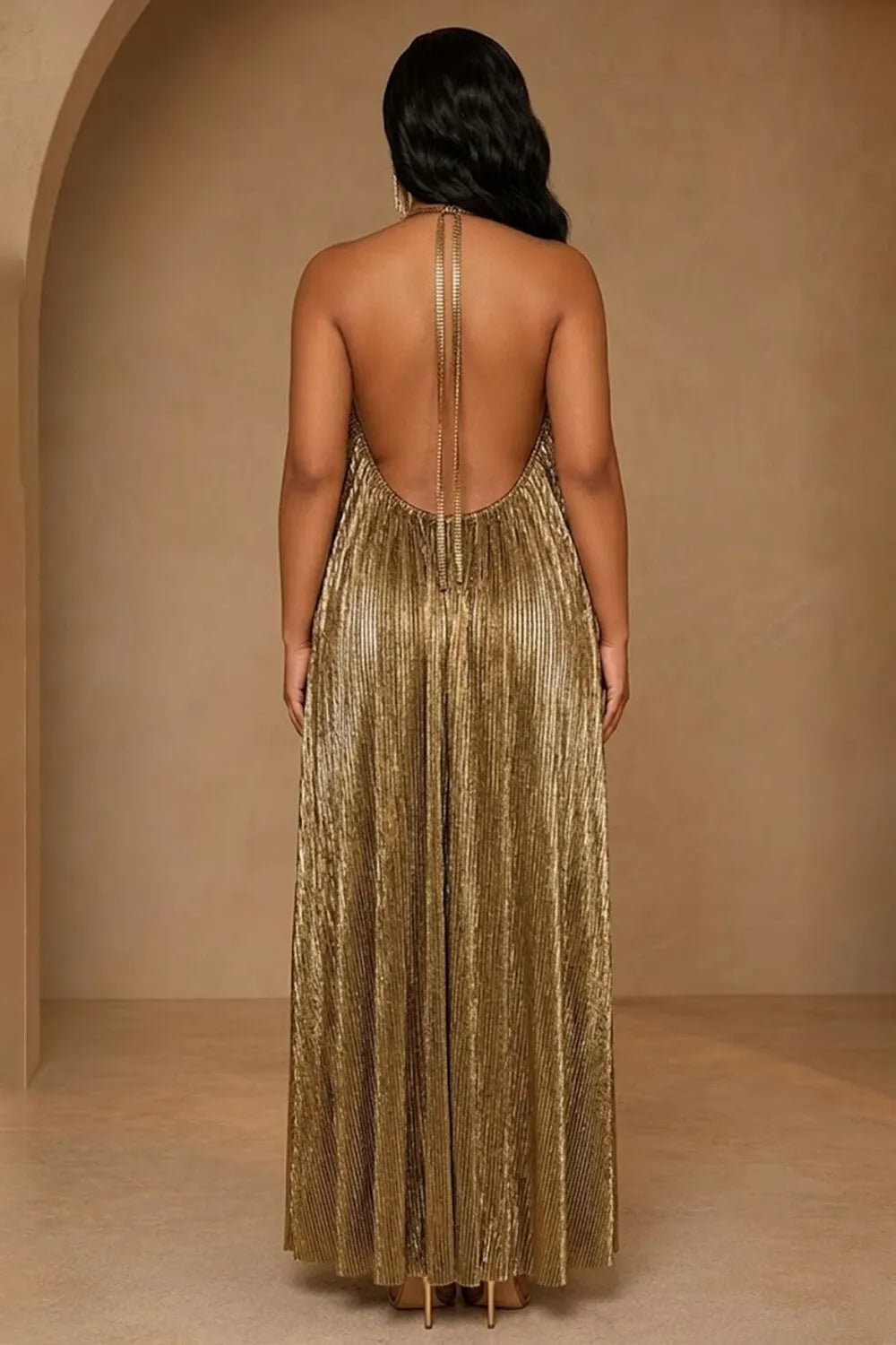 Halter Neck Metallic Bronzing Backless Loose Fit Vacation Maxi Dresses-Gold