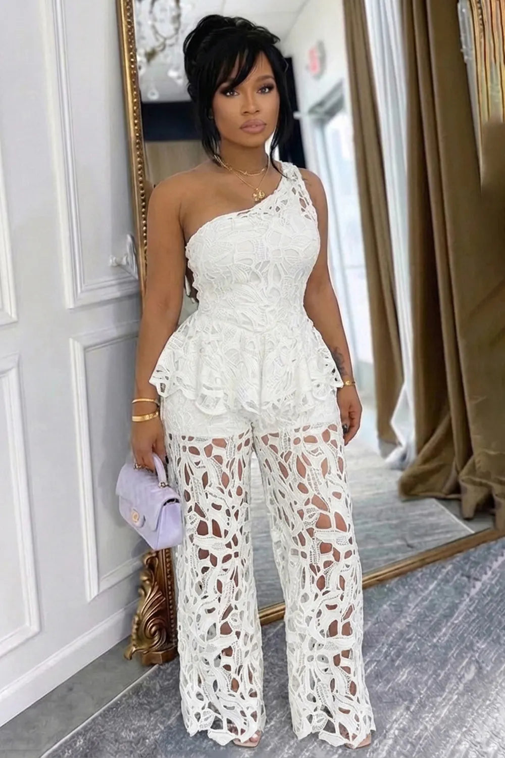 Hollow One Shoulder Peplum Top Wide Leg Pants Jumpsuits-White