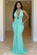 Halter Plunge Neck Cut Out Ruched Backless Bodycon Gowns Maxi Dresses-Blue