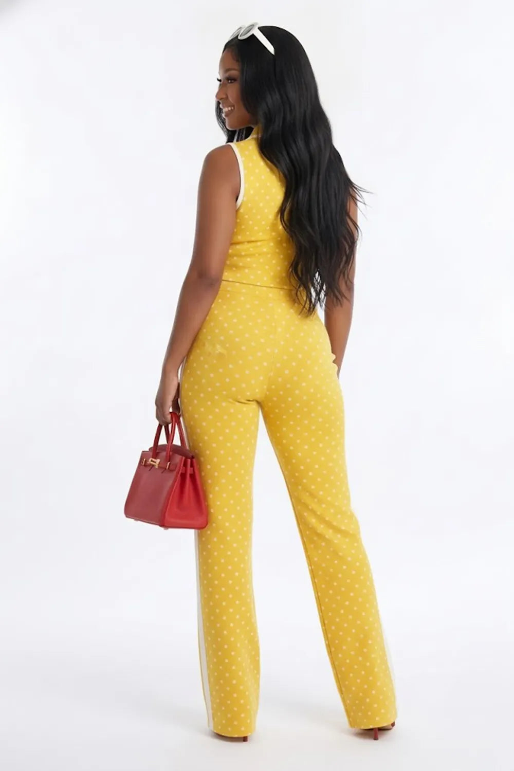 Polka Dot Print Polo Neck Sleeveless Top High Waist Slit Pants 2pcs Set-Black