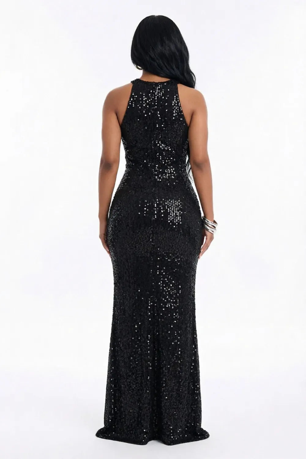 Sequin Sleeveless Slit Ruched Bodycon Evening Gowns Maxi Dresses-Black